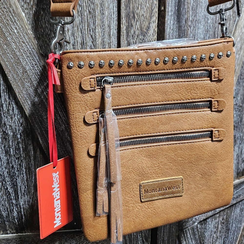 NWT Brown Montana West Tan Crossbody Bag with Stud Accents